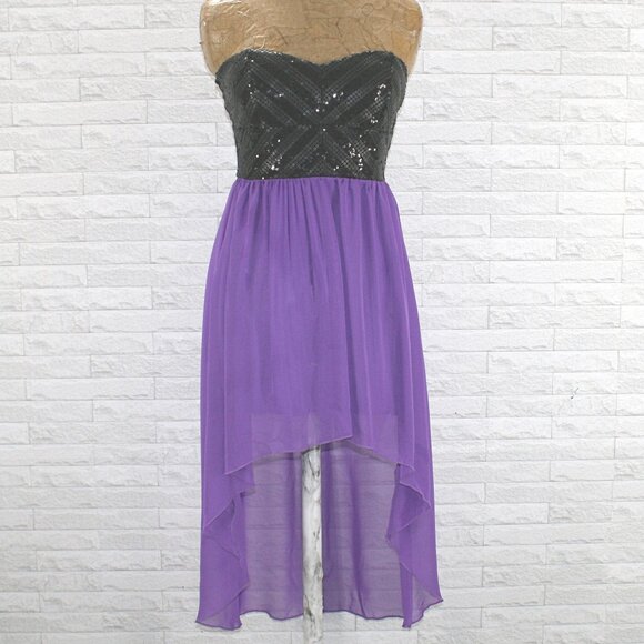 WINDSOR Dress Strapless Sequin Bustier Black Sheer High Low Purple Small - Picture 1 of 13